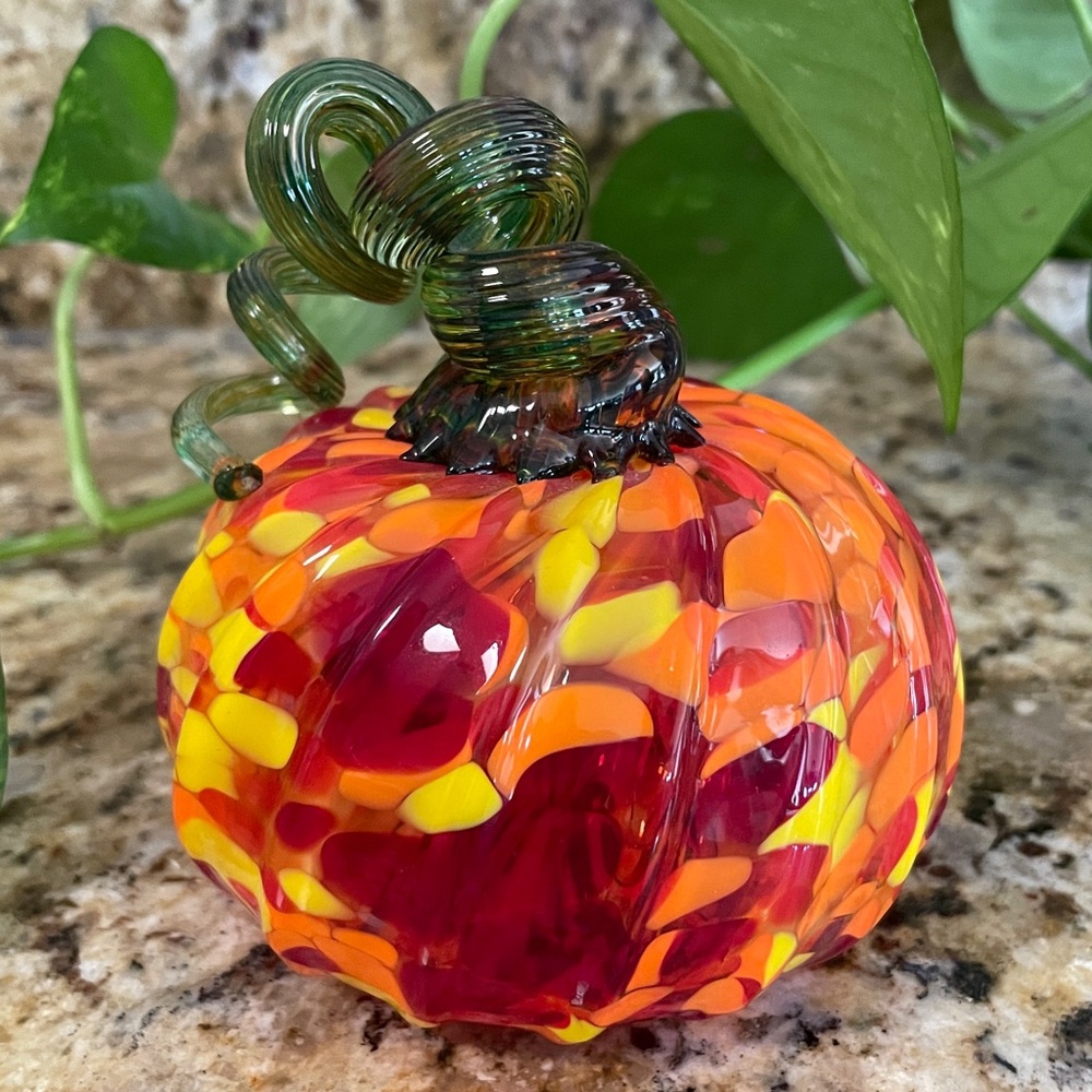 Colorful Art Glass Pumpkin OOAK!
Red, Yellow & Orange mottled Swirled Design!